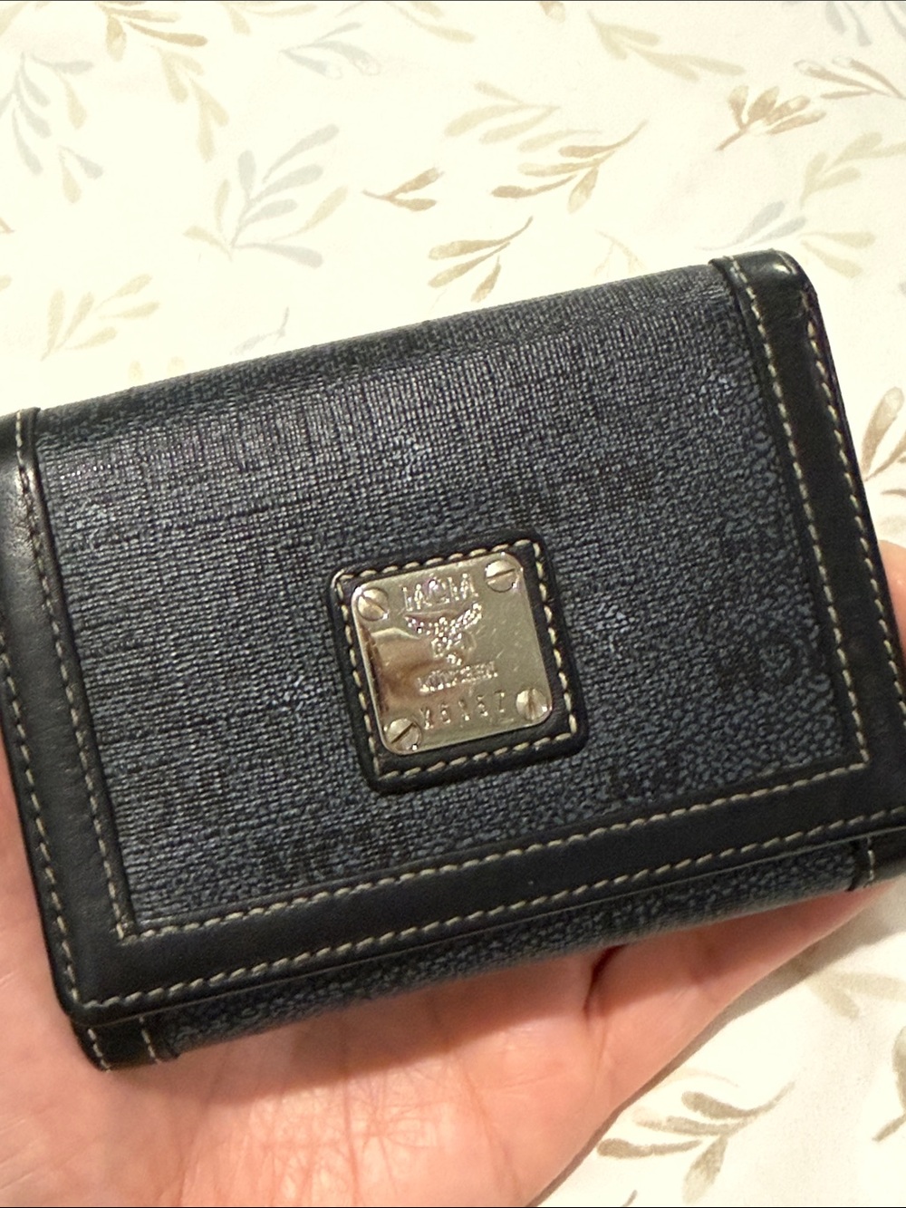 MCM Black Signature Compact Wallet with Silver Plaque